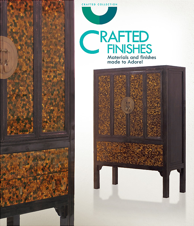 Ambre – Gold Pen Shell Chinese Armoire is made specially for Four Seasons Guangzhou China, in collaboration with HBA Singapore. Natural Gold Pen Shell in intricate Hexa pattern is combined with a custom Teak Black Gunny Washed in high gloss finish to create a crafted piece that accentuates the beauty of both materials. width=